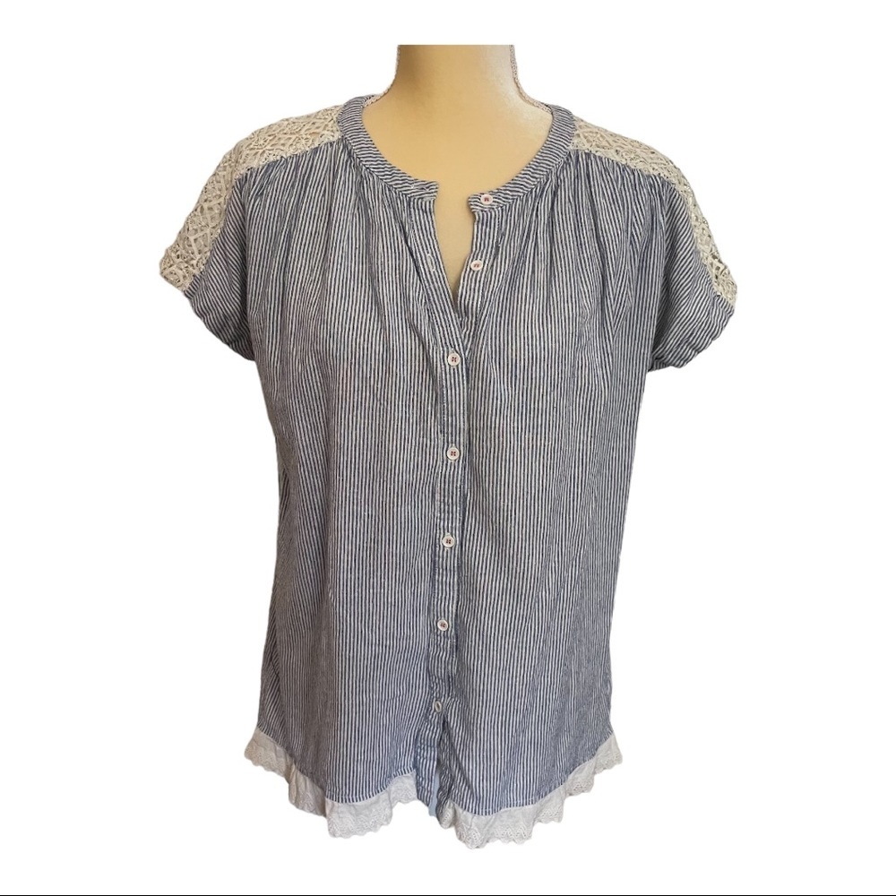 UMGEE‎ Cotton Blend Seersucker Oxford Stripe Lace Tunic Size Small